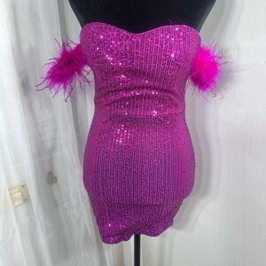 Super Fun Barbie Pink Sequin Strapless Mini Dress